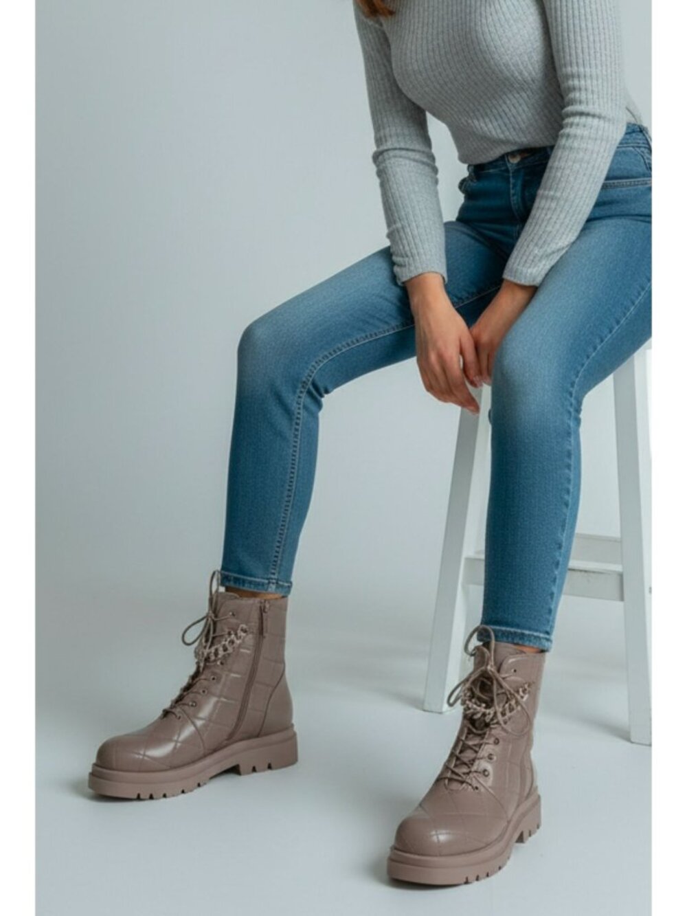 Taupe Quilted Combat Boots Lace Up Chain Detail Lug Sole Ankle Boots